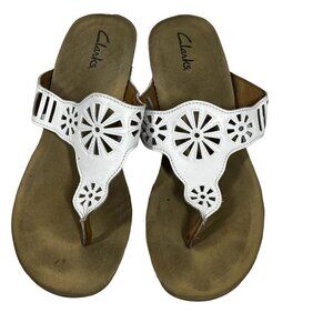 Clarks Womens Cut‎ Out Thong Slip On Cork Wedge Sandal White Size 9M